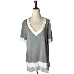 Jude Shirt Women Large Gray Jersey Knit White Pleated Trim Pullover Top Tee Boho